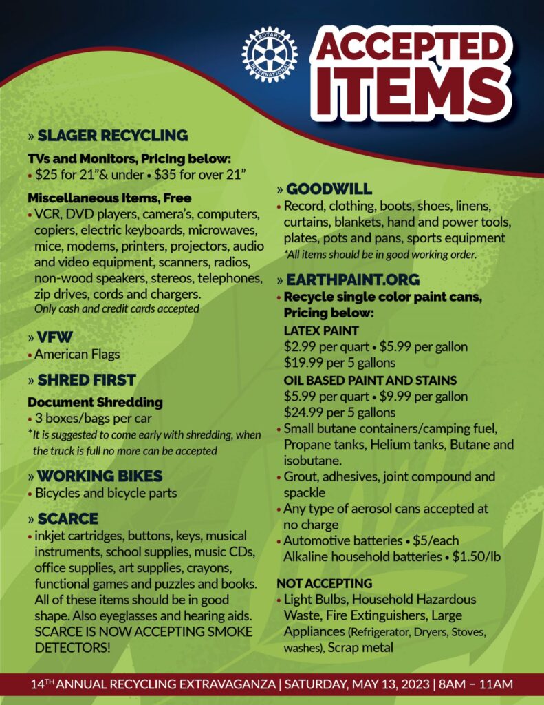 A list of accepted items for the Woodridge Rotary Recycling Extravaganza